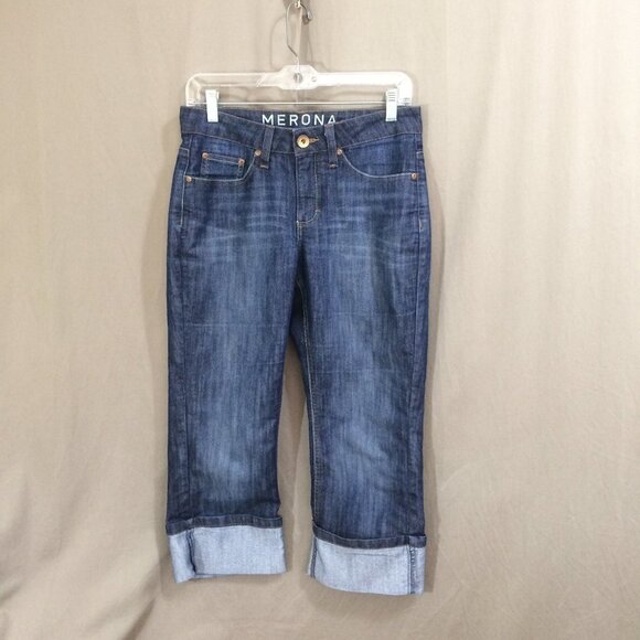 Merona Jeans Cropped Cuffed Dark Wash Mid Rise Cotton Blend Size 4 - Picture 1 of 4
